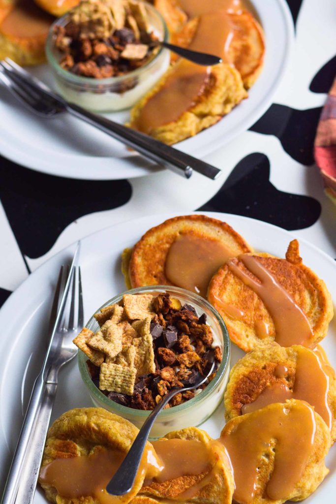Peanut butter chocolate granola, pancakes, vegan, cini-minis, nestle, breakfast